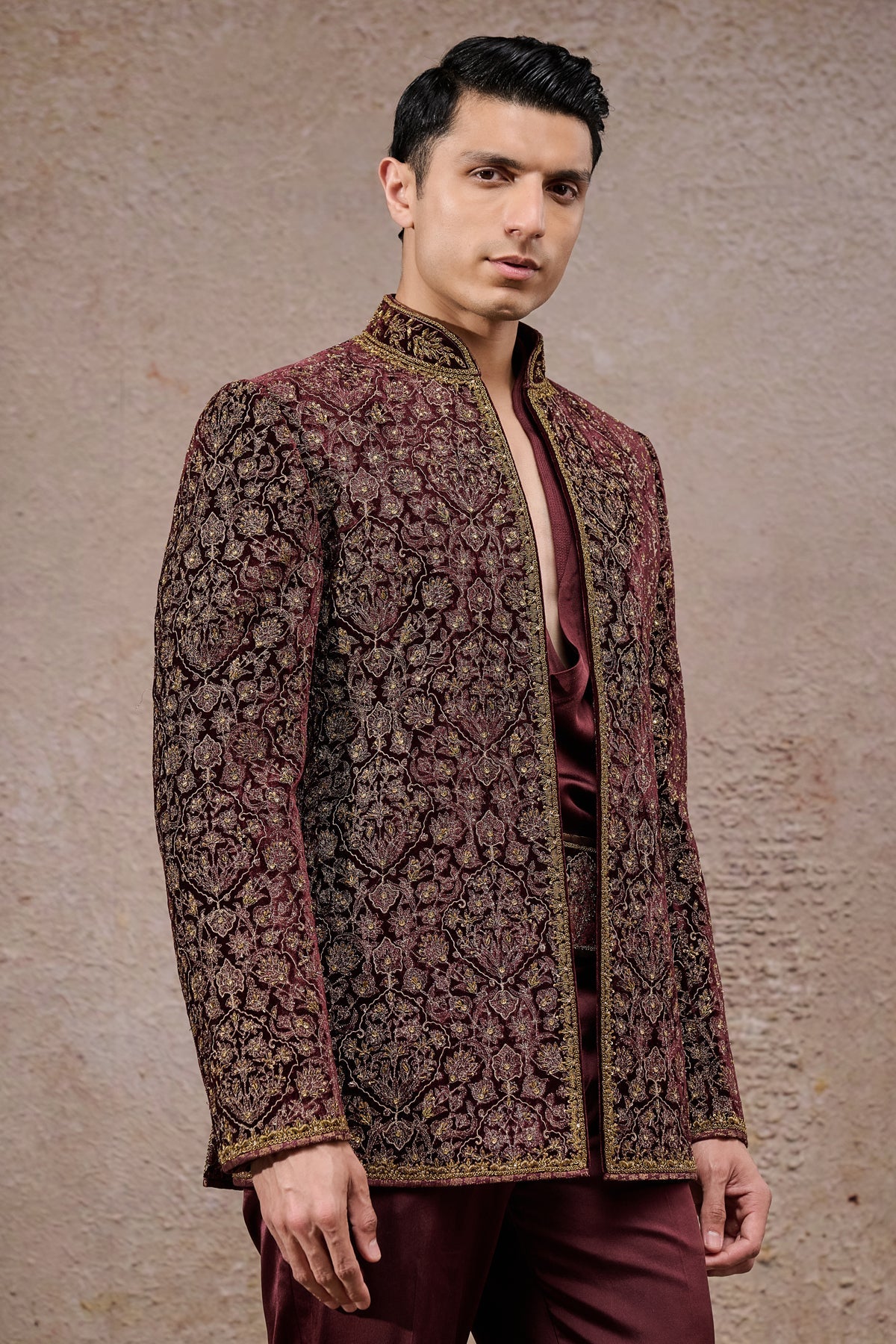 Wine Zardozi Silk Velvet Prince Coat (3-Piece) - Image 4