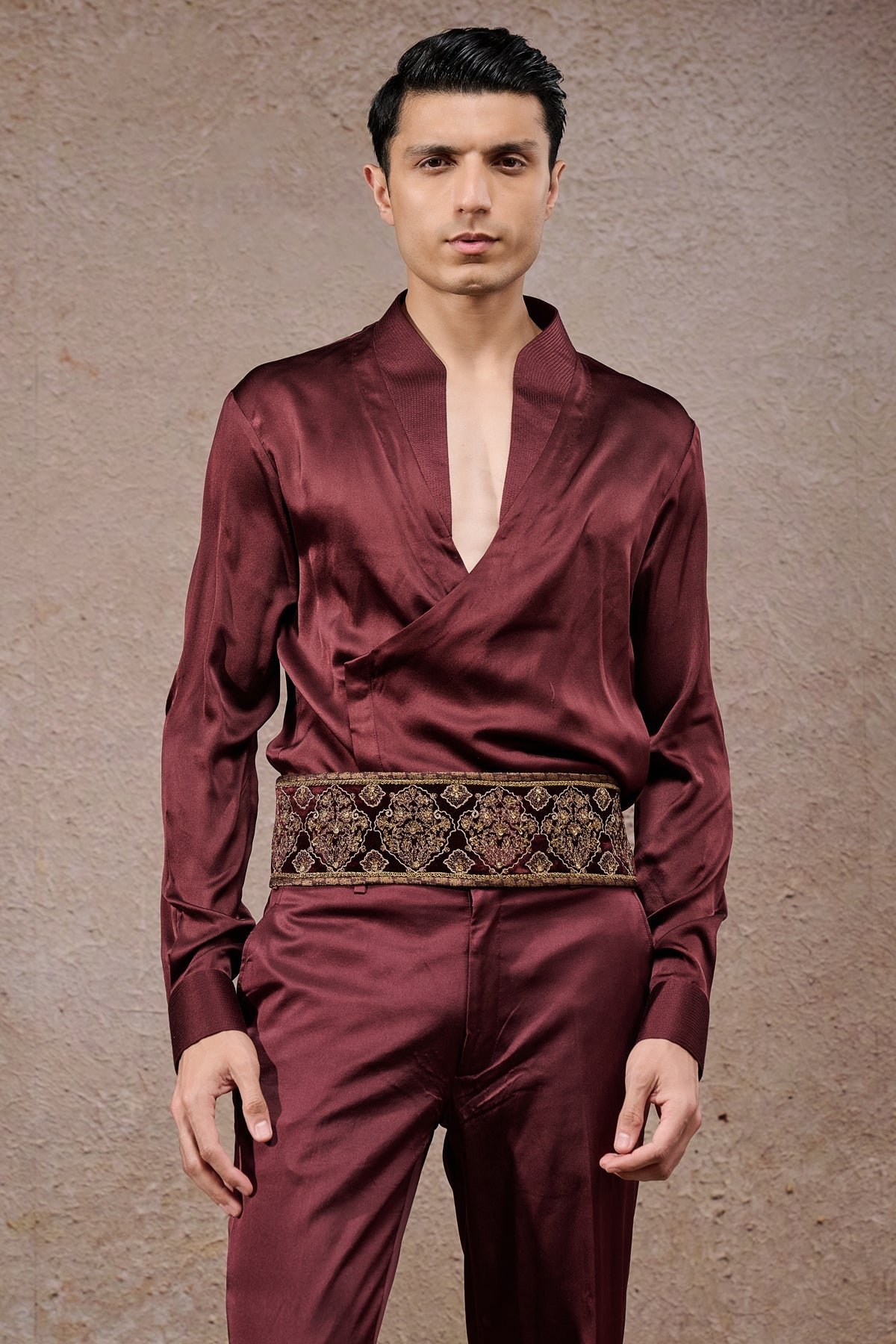 Wine Zardozi Silk Velvet Prince Coat (3-Piece) - Image 5