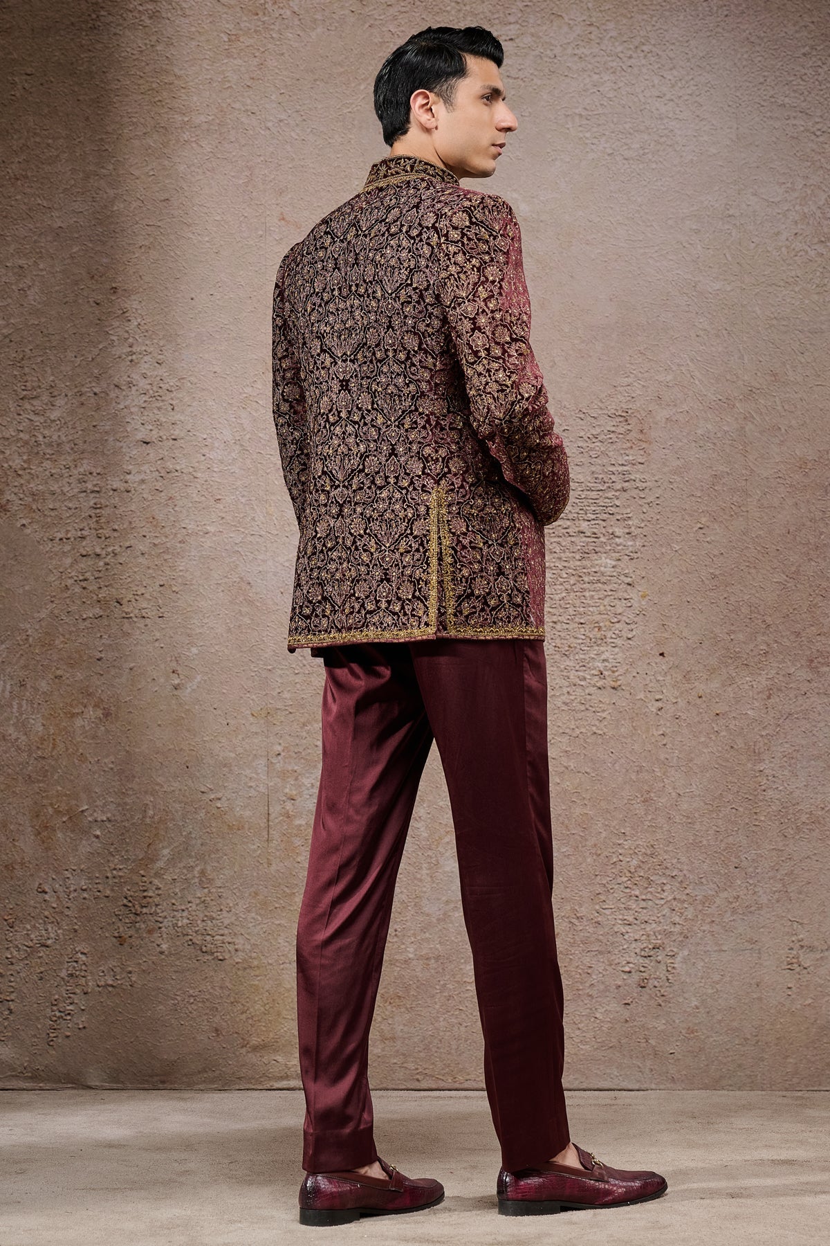 Wine Zardozi Silk Velvet Prince Coat (3-Piece) - Image 6