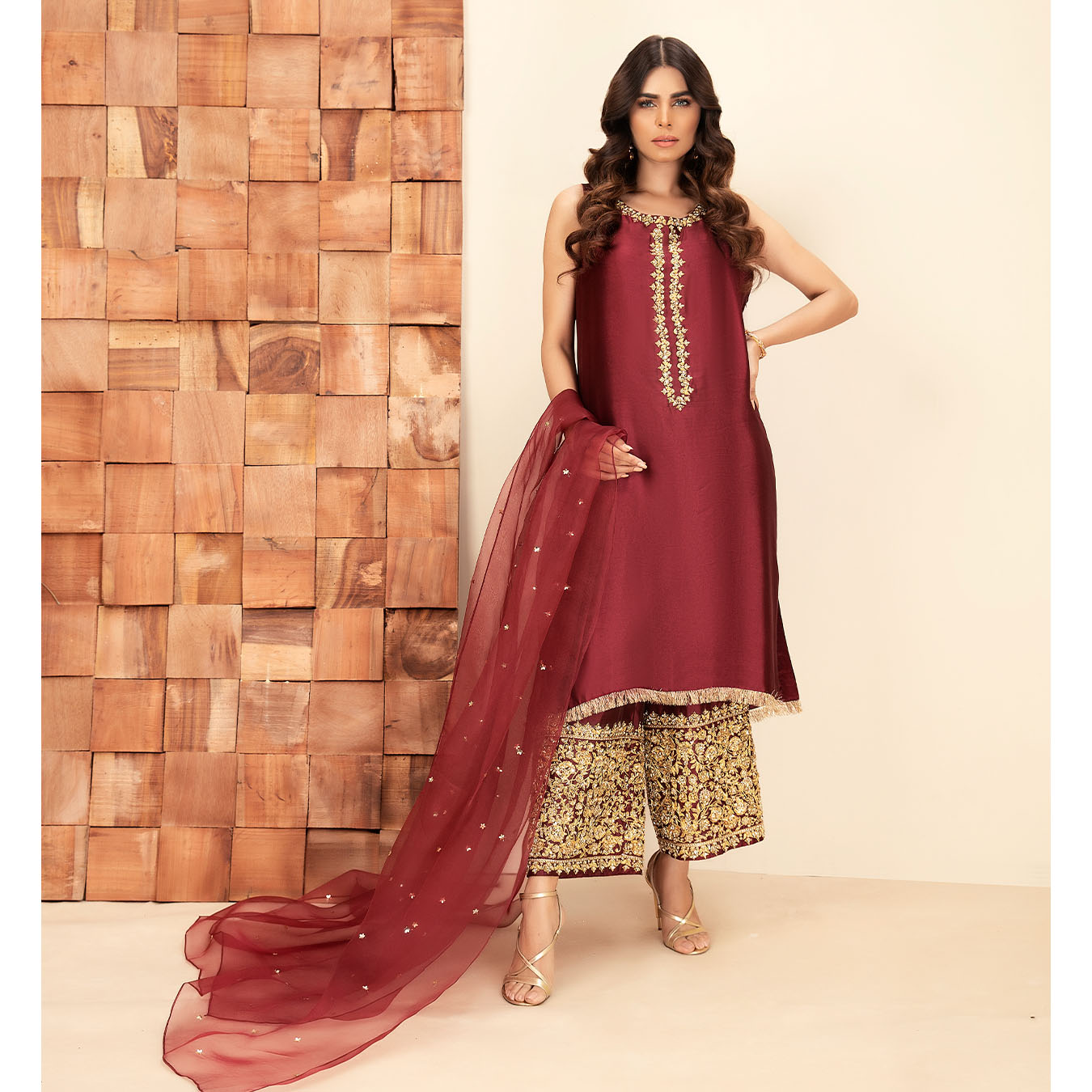 Pakistani Royal Burgundy Embroidered Tissue Silk Salwar Kameez (3-Piece) - Image 1