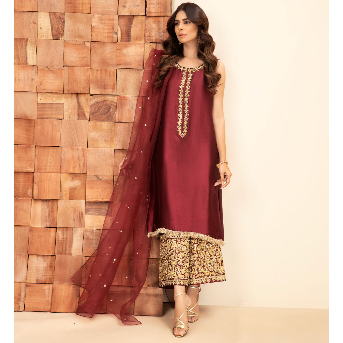 Pakistani Royal Burgundy Embroidered Tissue Silk Salwar Kameez (3-Piece) - Image 2