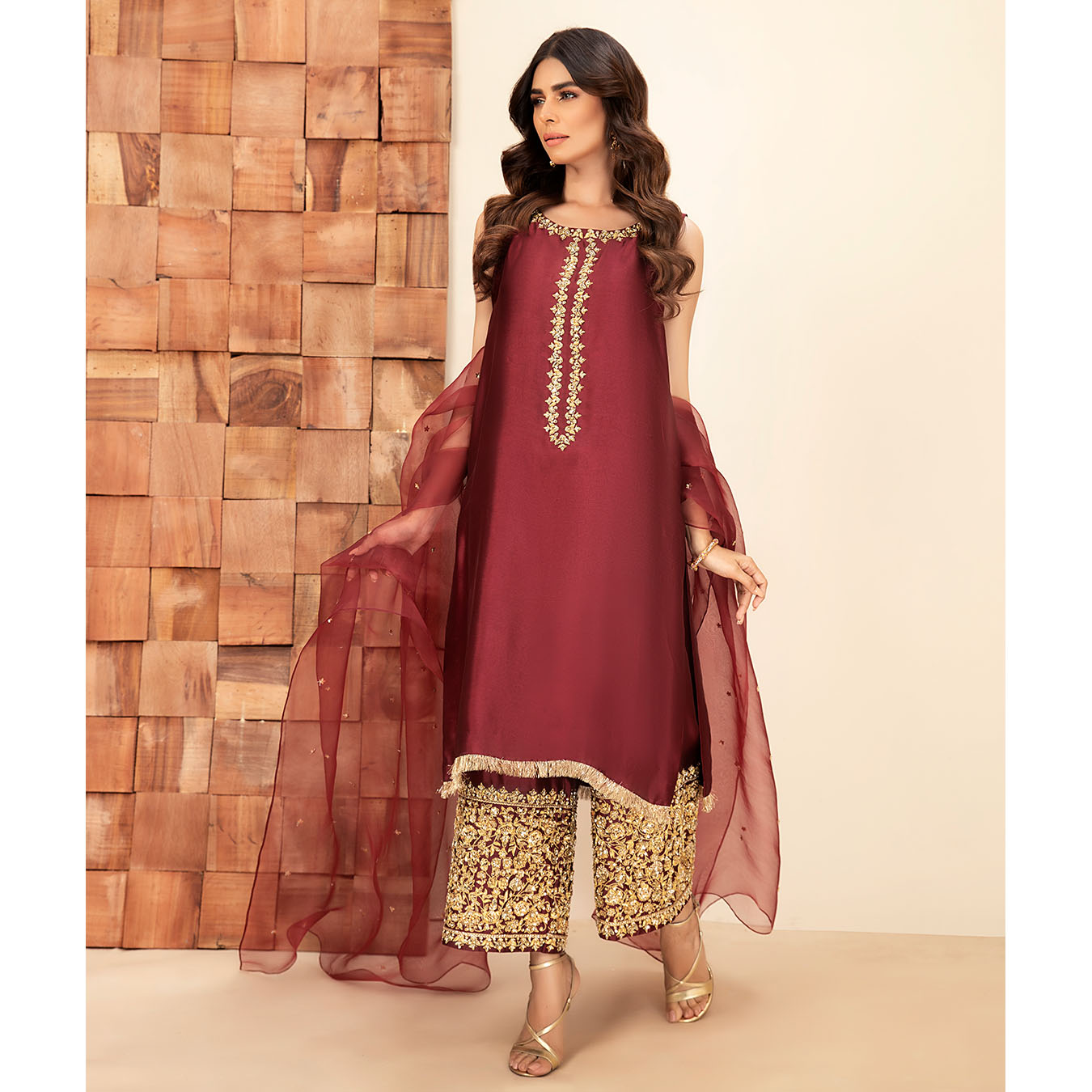Pakistani Royal Burgundy Embroidered Tissue Silk Salwar Kameez (3-Piece) - Image 3