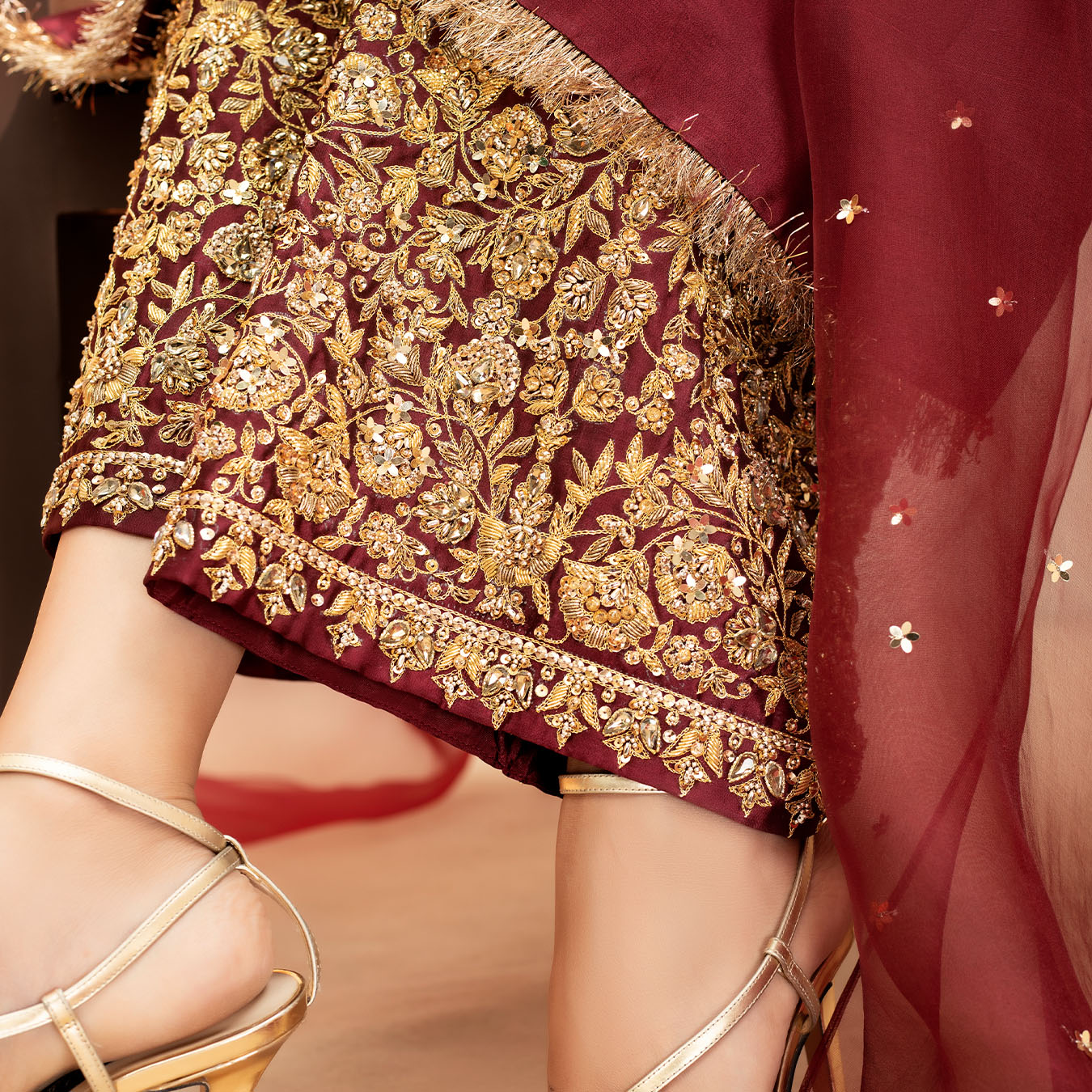 Pakistani Royal Burgundy Embroidered Tissue Silk Salwar Kameez (3-Piece) - Image 4