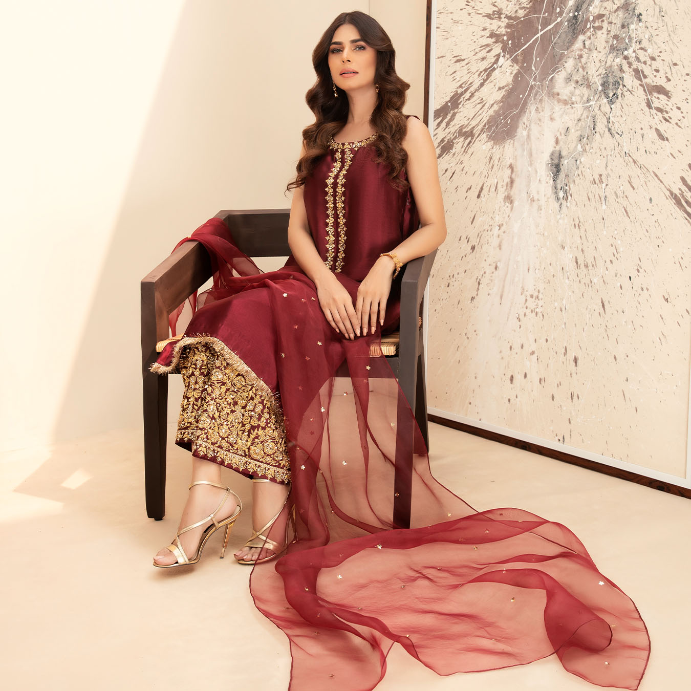 Pakistani Royal Burgundy Embroidered Tissue Silk Salwar Kameez (3-Piece) - Image 5
