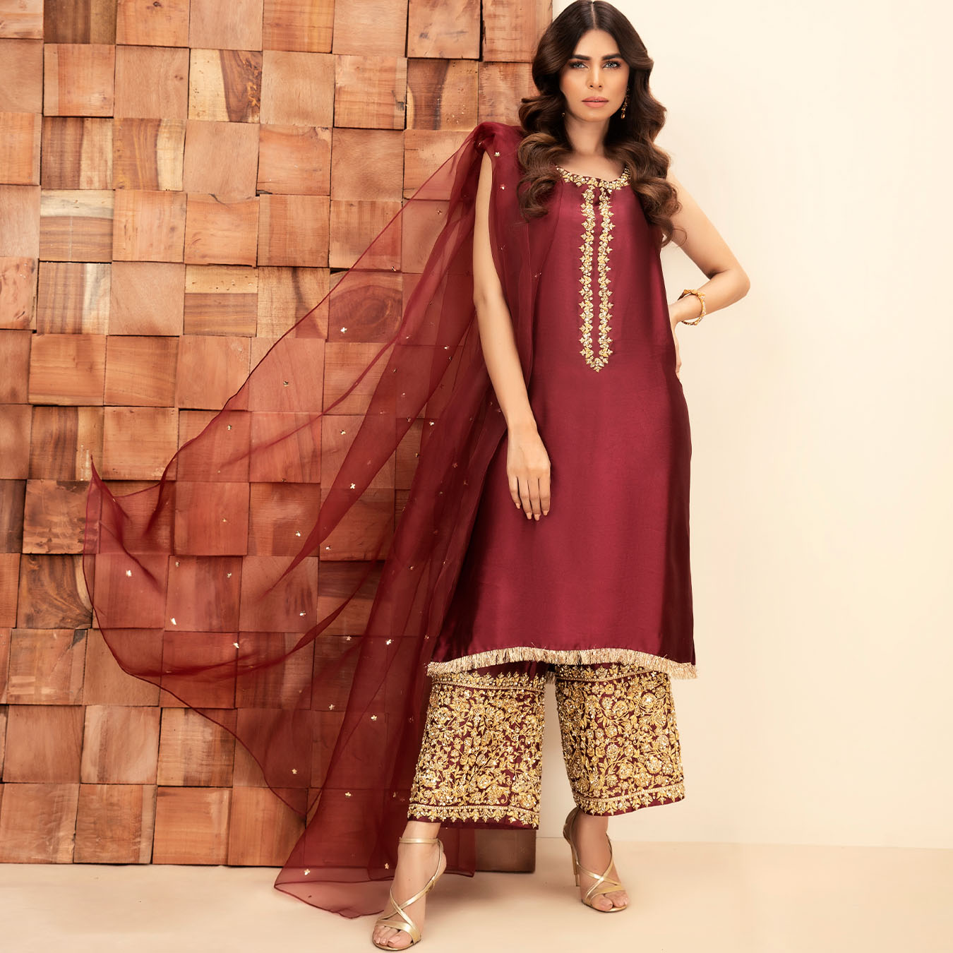 Pakistani Royal Burgundy Embroidered Tissue Silk Salwar Kameez (3-Piece) - Image 6