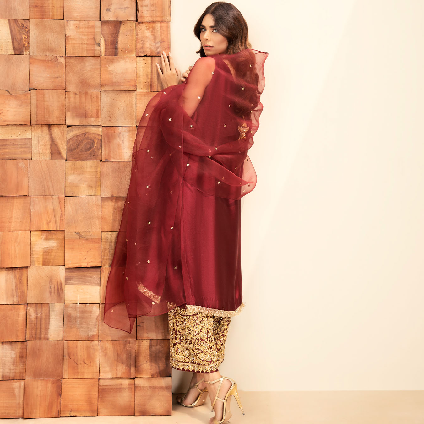 Pakistani Royal Burgundy Embroidered Tissue Silk Salwar Kameez (3-Piece) - Image 7