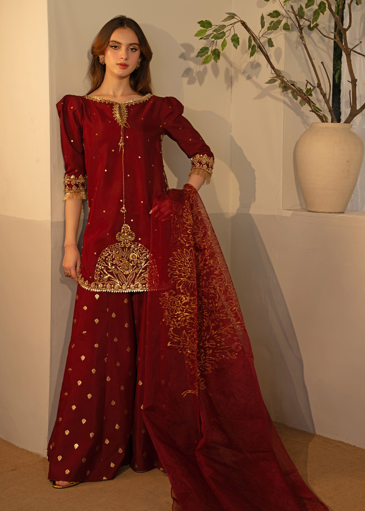 Deep Burgundy Embroidered Thai Silk Sharara (3-Piece) - Image 10