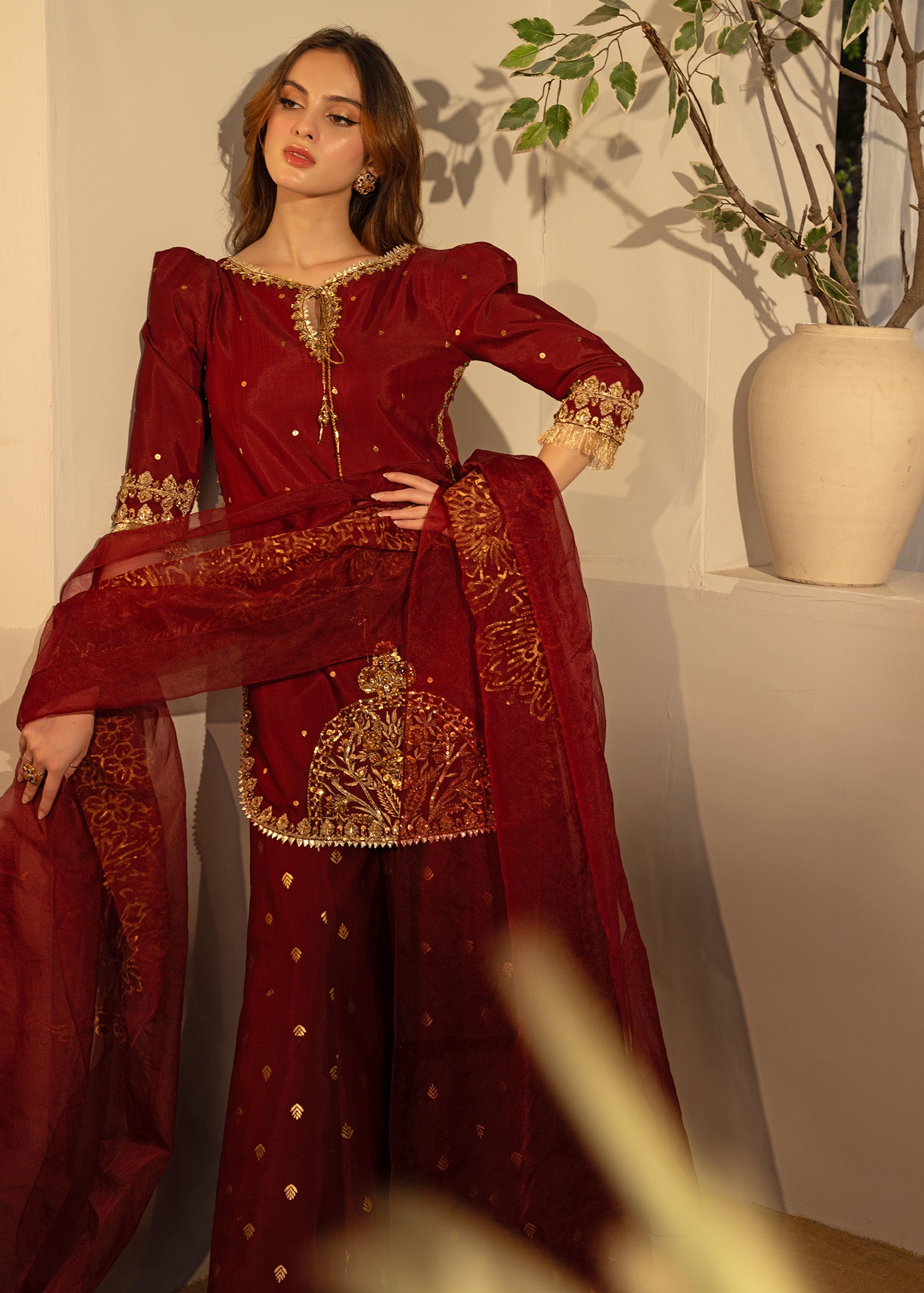 Deep Burgundy Embroidered Thai Silk Sharara (3-Piece) - Image 3