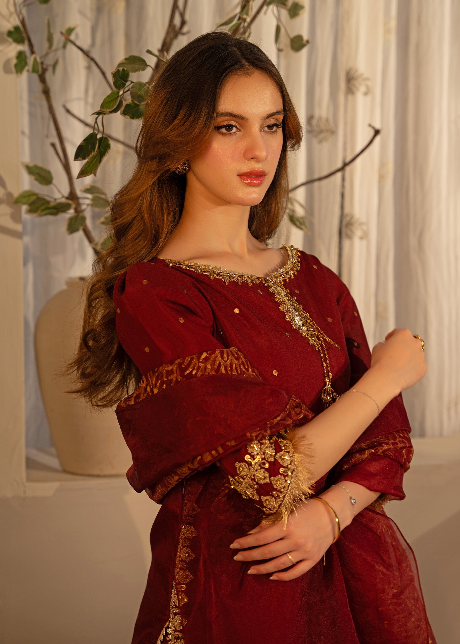 Deep Burgundy Embroidered Thai Silk Sharara (3-Piece) - Image 4