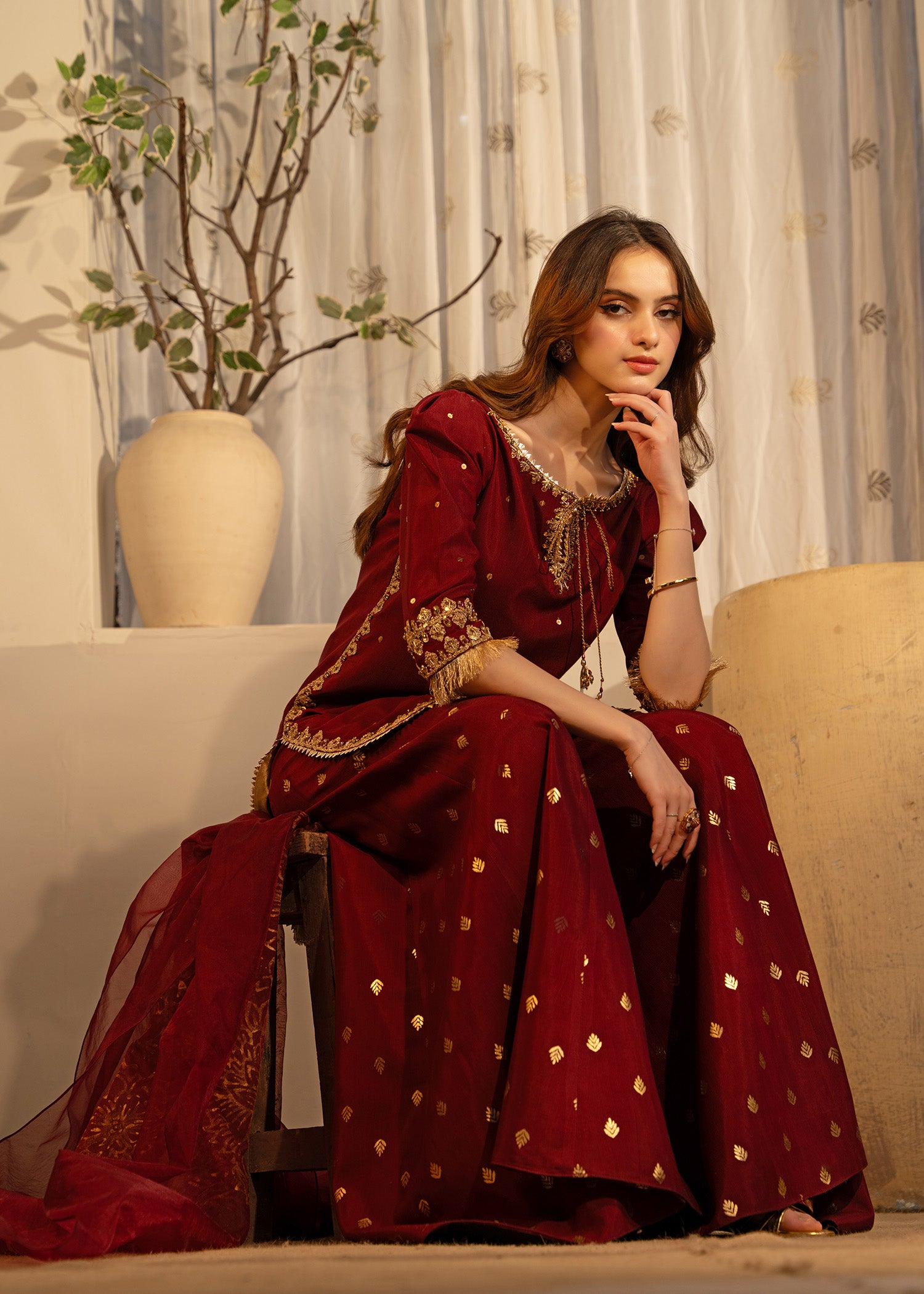 Deep Burgundy Embroidered Thai Silk Sharara (3-Piece) - Image 5