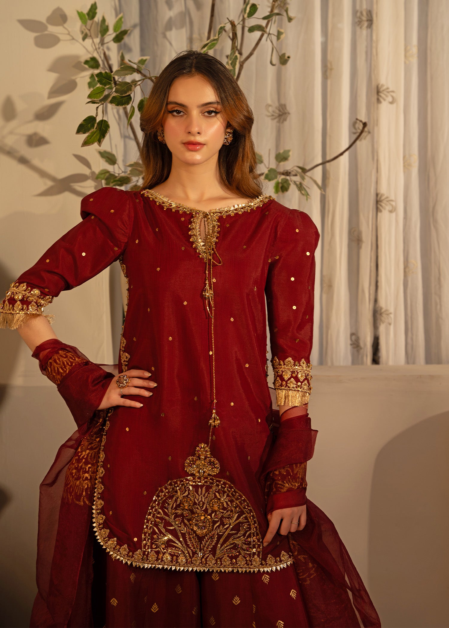 Deep Burgundy Embroidered Thai Silk Sharara (3-Piece) - Image 6
