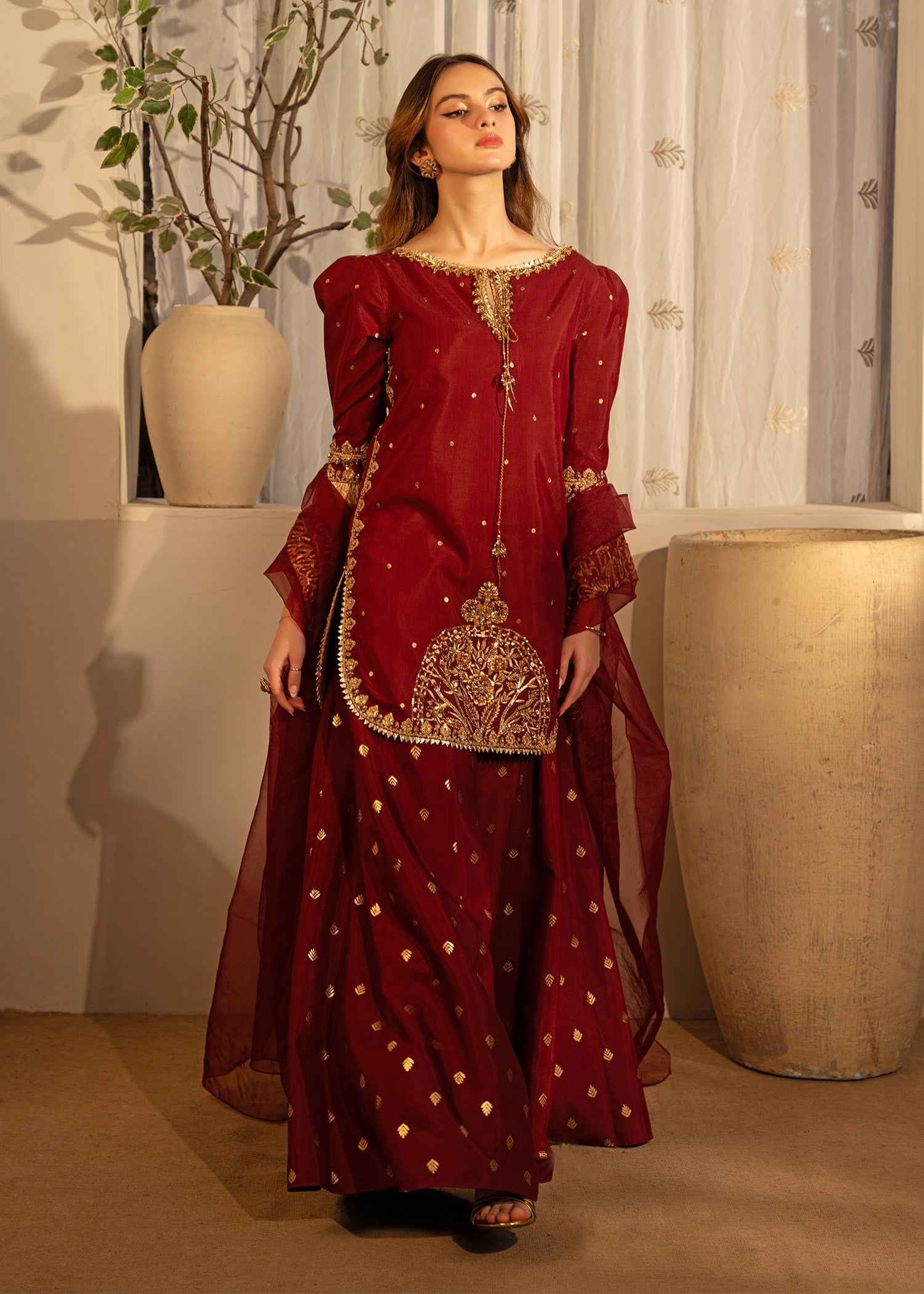 Deep Burgundy Embroidered Thai Silk Sharara (3-Piece) - Image 7