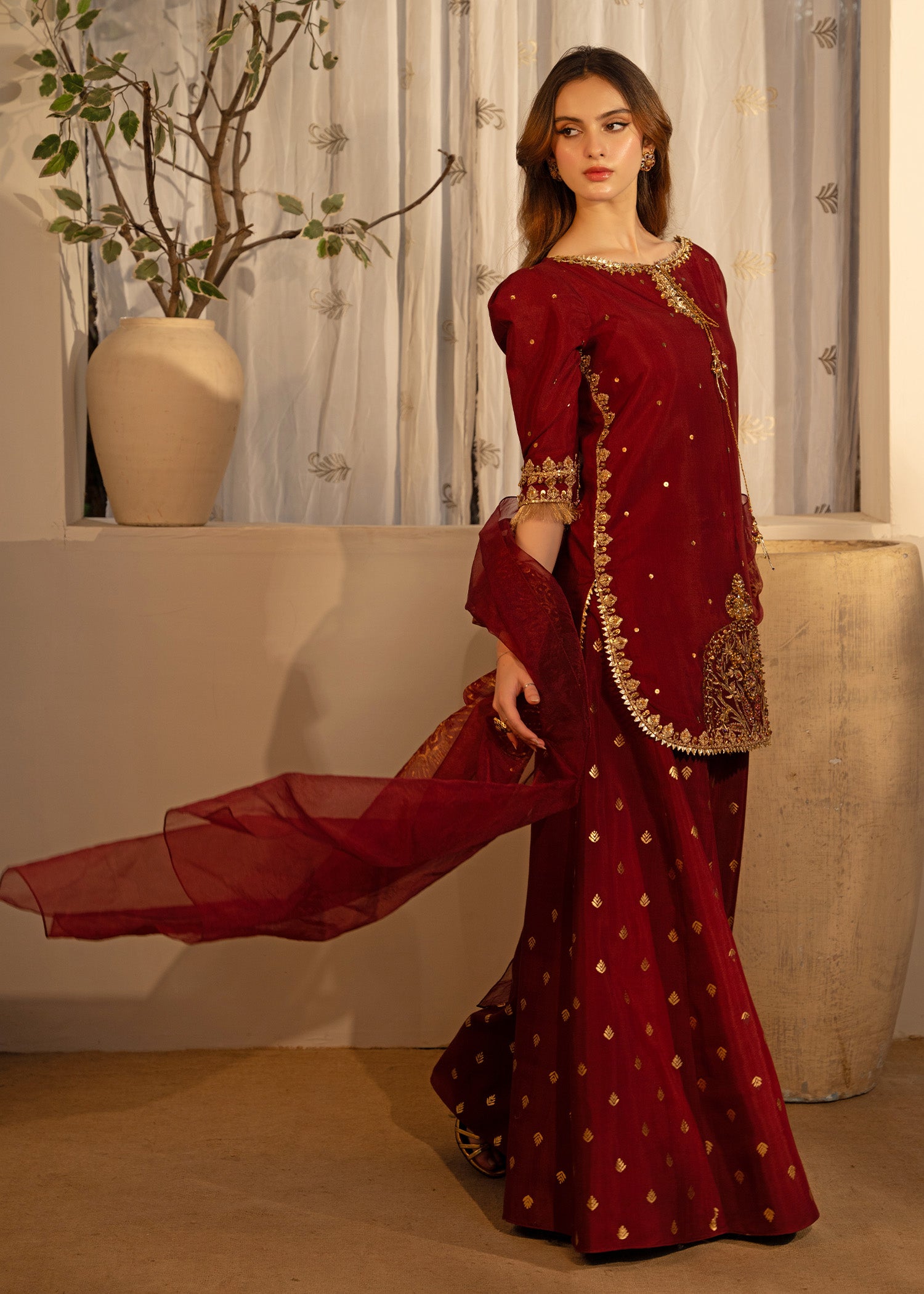Deep Burgundy Embroidered Thai Silk Sharara (3-Piece) - Image 8