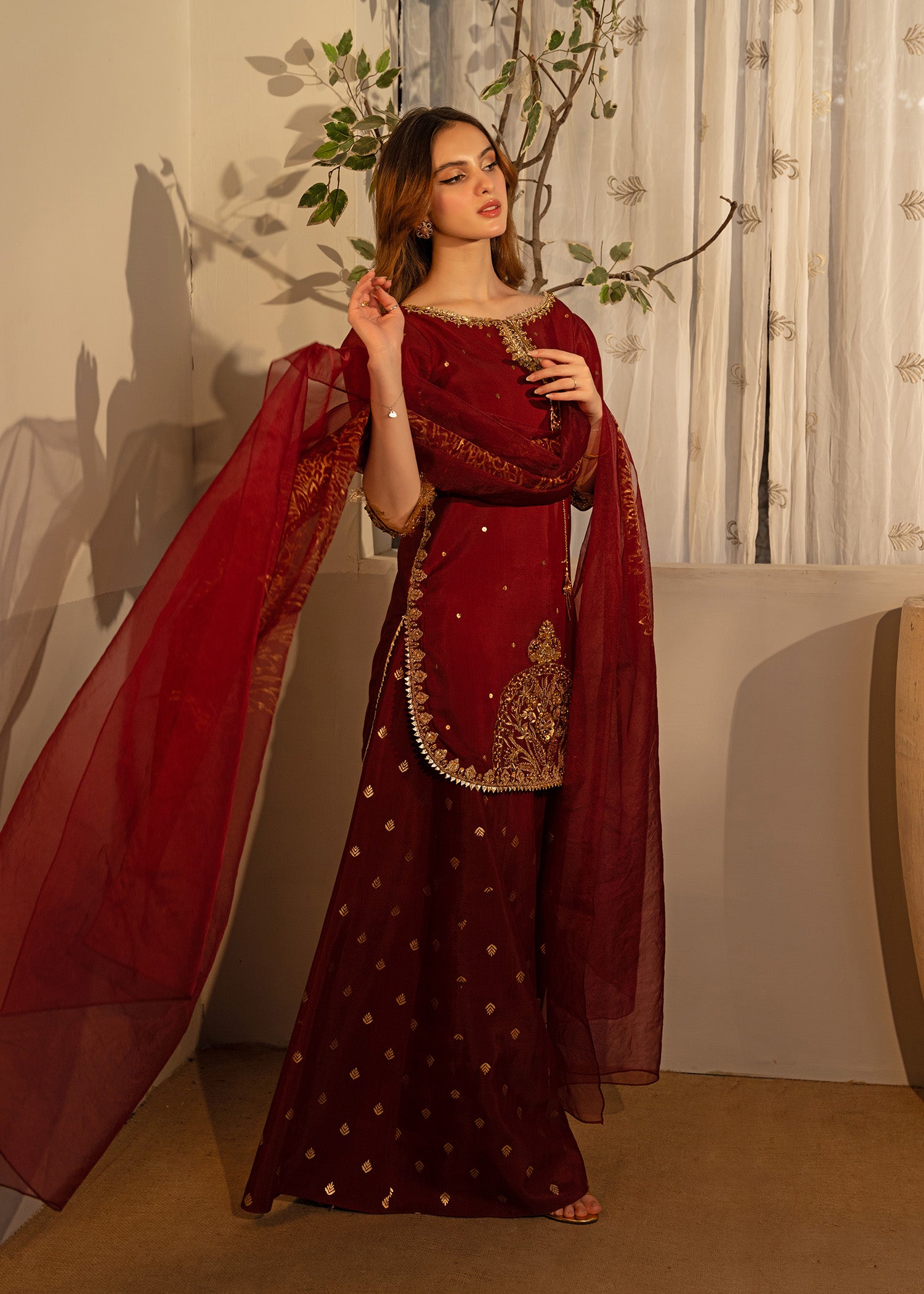 Deep Burgundy Embroidered Thai Silk Sharara (3-Piece) - Image 9