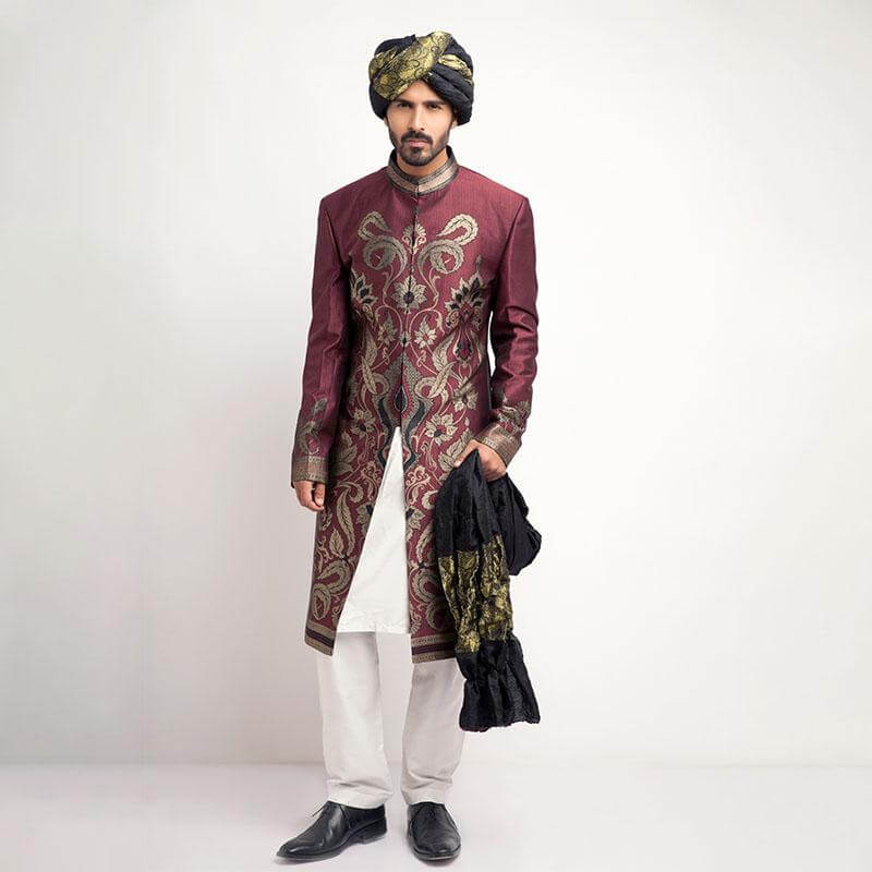 Antique Silver Burgundy Brocade Groom Sherwani (3-Piece) - Image 1