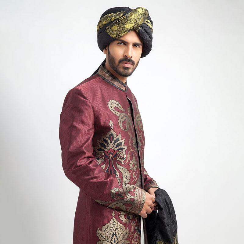 Antique Silver Burgundy Brocade Groom Sherwani (3-Piece) - Image 2