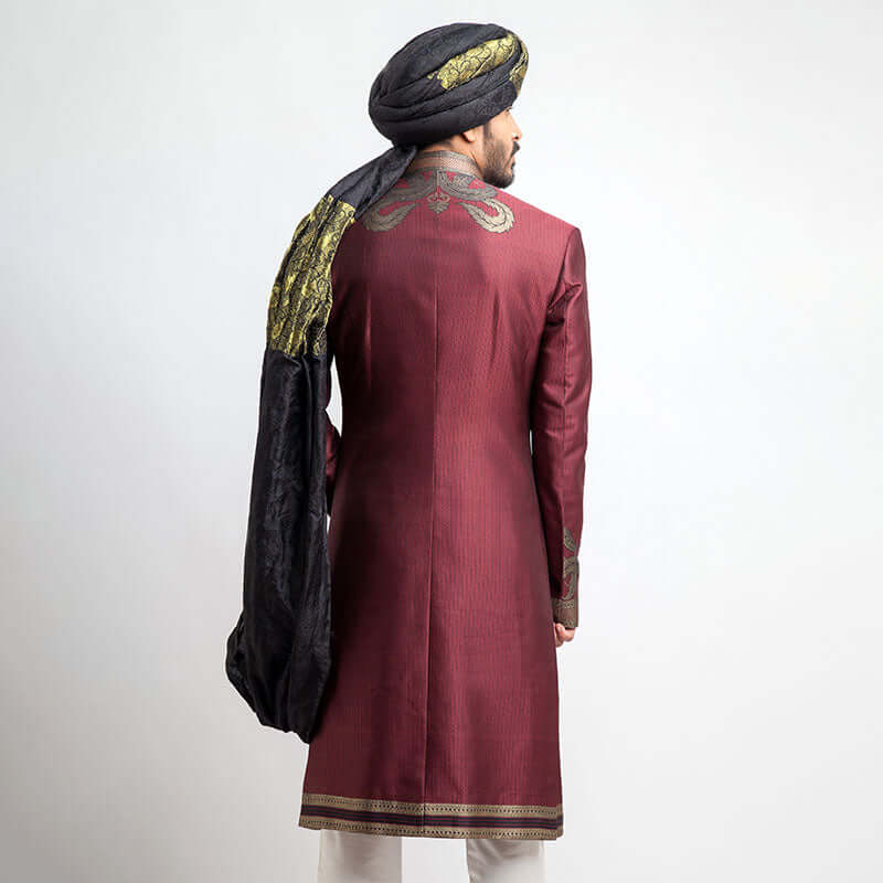 Antique Silver Burgundy Brocade Groom Sherwani (3-Piece) - Image 4