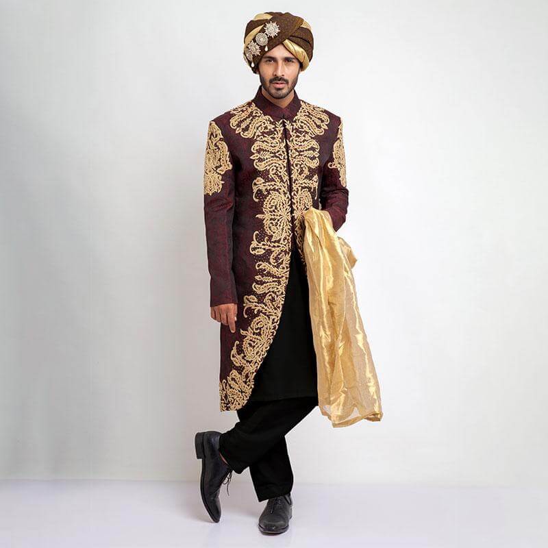 Deep Burgundy Anchor Embroidered Jamavar Silk Sherwani (3-Piece) - Image 1