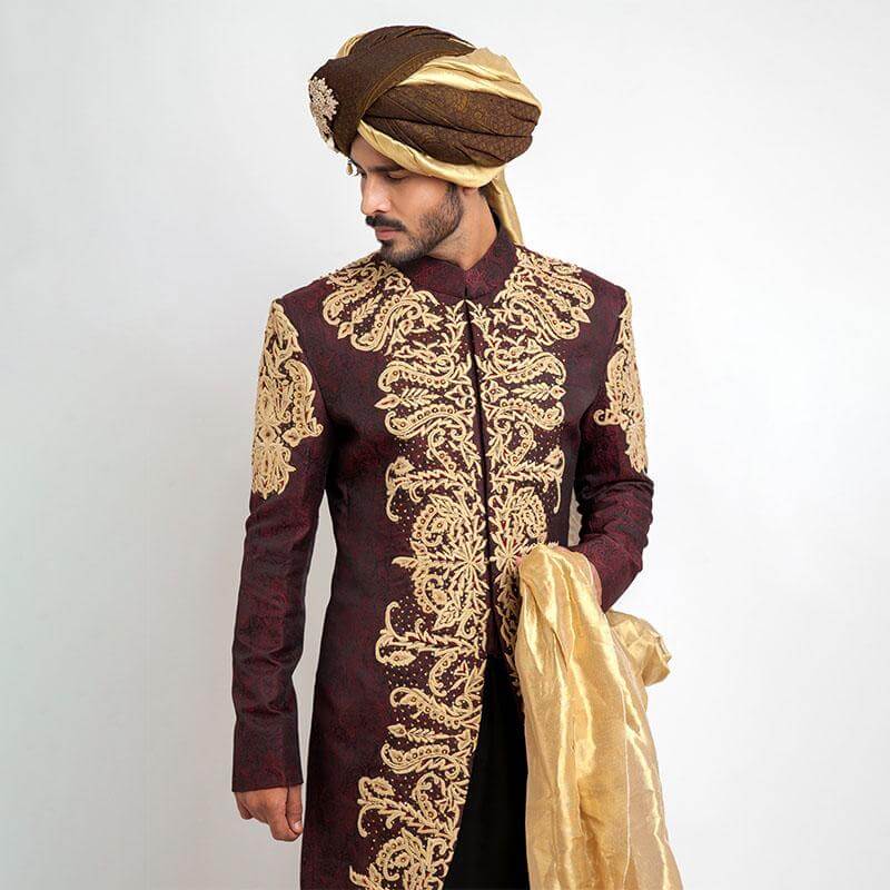 Deep Burgundy Anchor Embroidered Jamavar Silk Sherwani (3-Piece) - Image 2