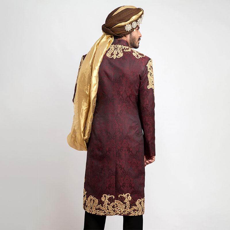Deep Burgundy Anchor Embroidered Jamavar Silk Sherwani (3-Piece) - Image 3