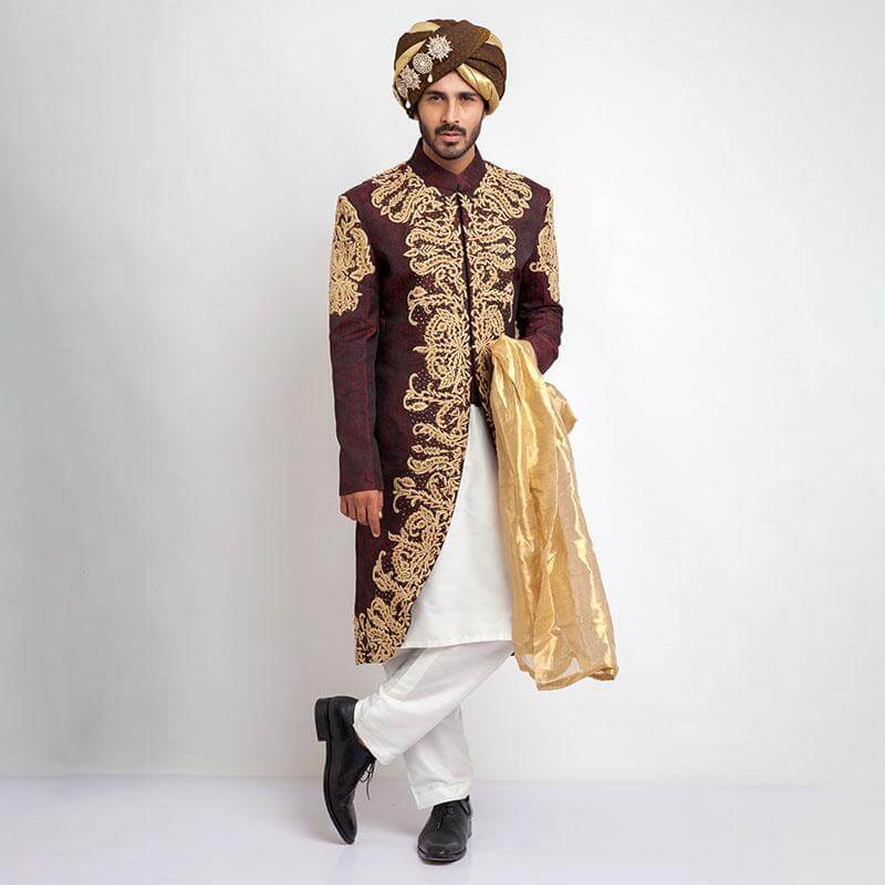 Deep Burgundy Anchor Embroidered Jamavar Silk Sherwani (3-Piece) - Image 4