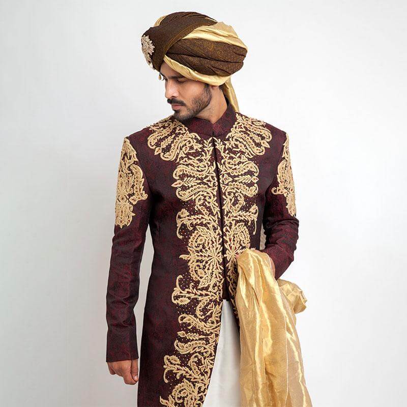 Deep Burgundy Anchor Embroidered Jamavar Silk Sherwani (3-Piece) - Image 5