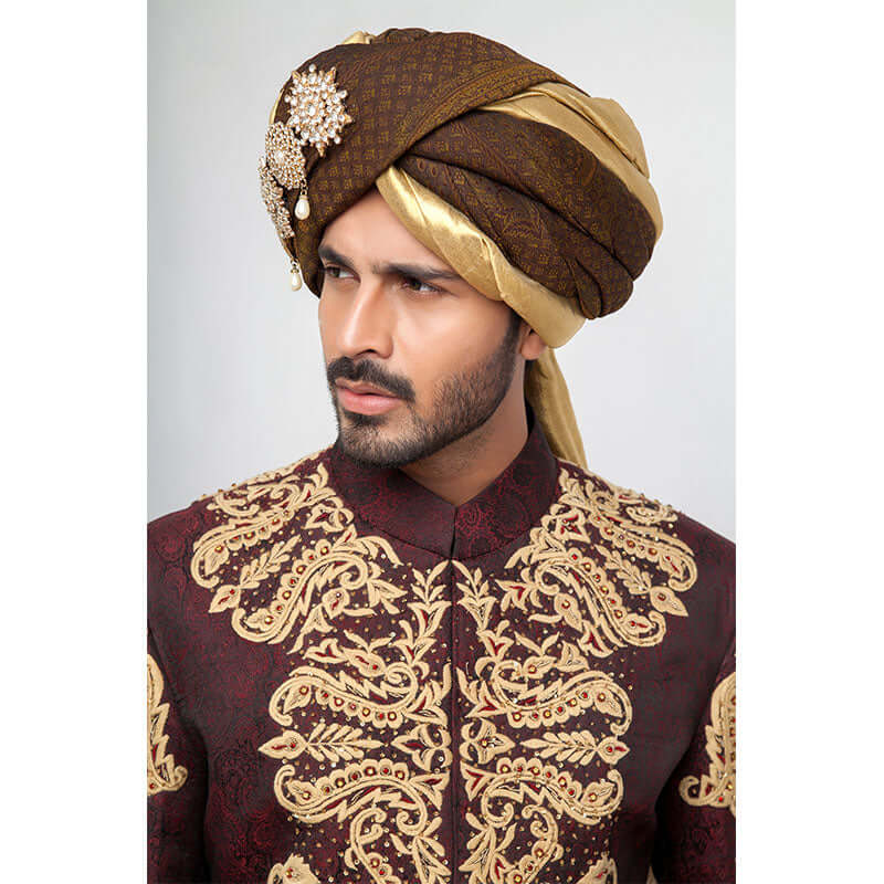 Deep Burgundy Anchor Embroidered Jamavar Silk Sherwani (3-Piece) - Image 6