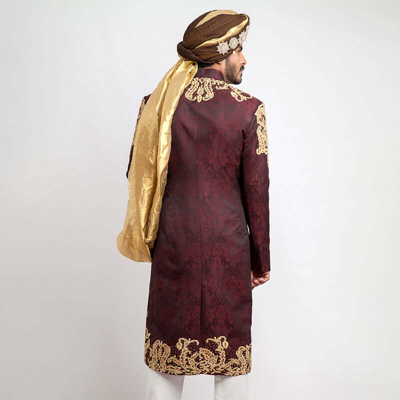 Deep Burgundy Anchor Embroidered Jamavar Silk Sherwani (3-Piece) - Image 7