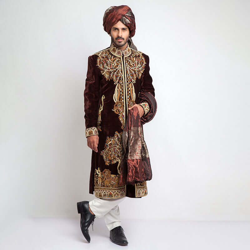 Deep Burgundy Zardozi Velvet Sherwani (5-Piece) - Image 1