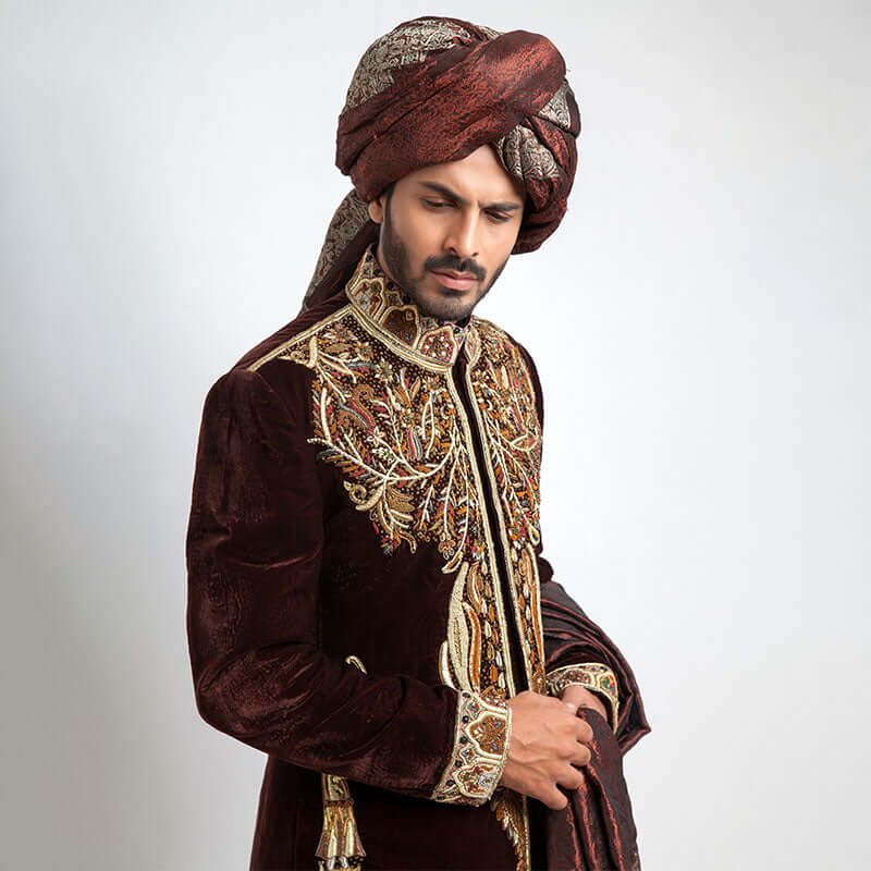 Deep Burgundy Zardozi Velvet Sherwani (5-Piece) - Image 2