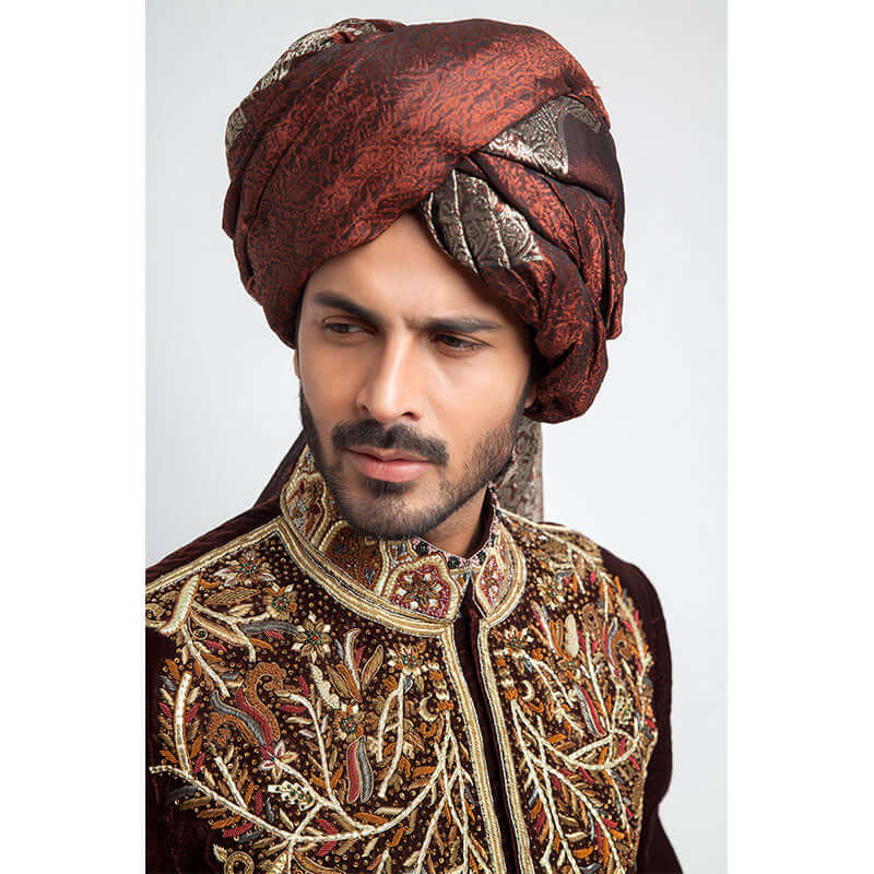 Deep Burgundy Zardozi Velvet Sherwani (5-Piece) - Image 3