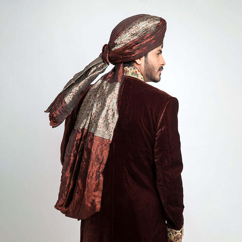 Deep Burgundy Zardozi Velvet Sherwani (5-Piece) - Image 4