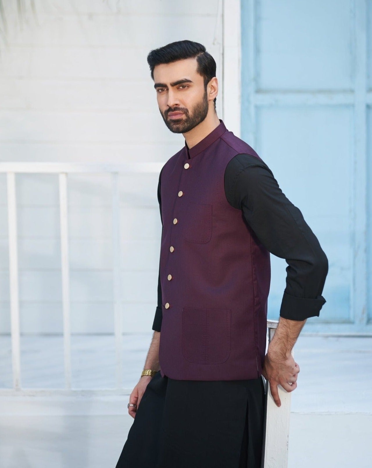 Black Blended Kameez Shalwar with Burgundy Waistcoat (3-Piece) - Image 1