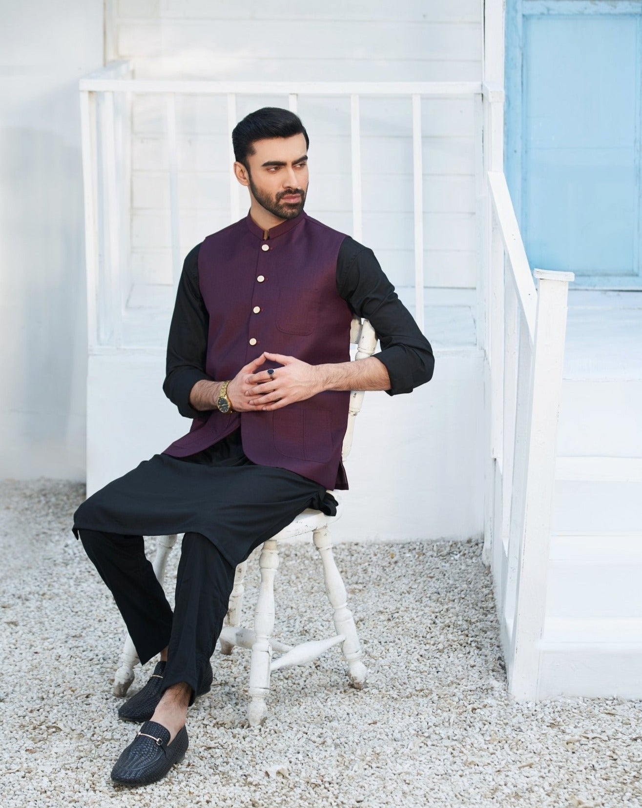Black Blended Kameez Shalwar with Burgundy Waistcoat (3-Piece) - Image 2