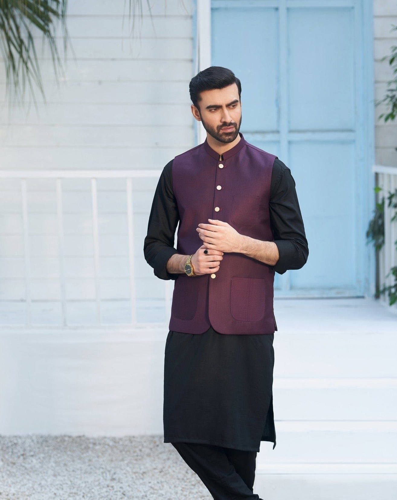 Black Blended Kameez Shalwar with Burgundy Waistcoat (3-Piece) - Image 3