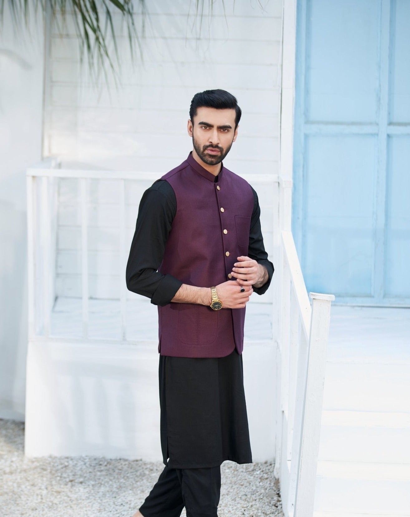 Black Blended Kameez Shalwar with Burgundy Waistcoat (3-Piece) - Image 5