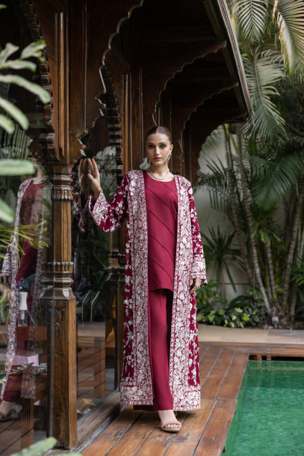 Burgundy Embroidered Chiffon & Silk Cape Set (3-Piece) - Image 1