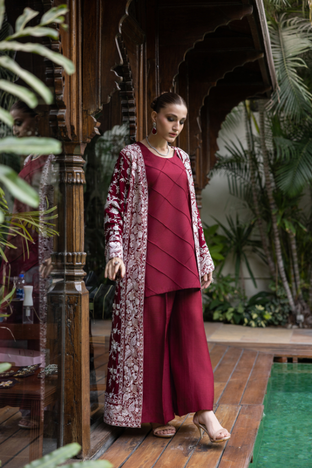 Burgundy Embroidered Chiffon & Silk Cape Set (3-Piece) - Image 2
