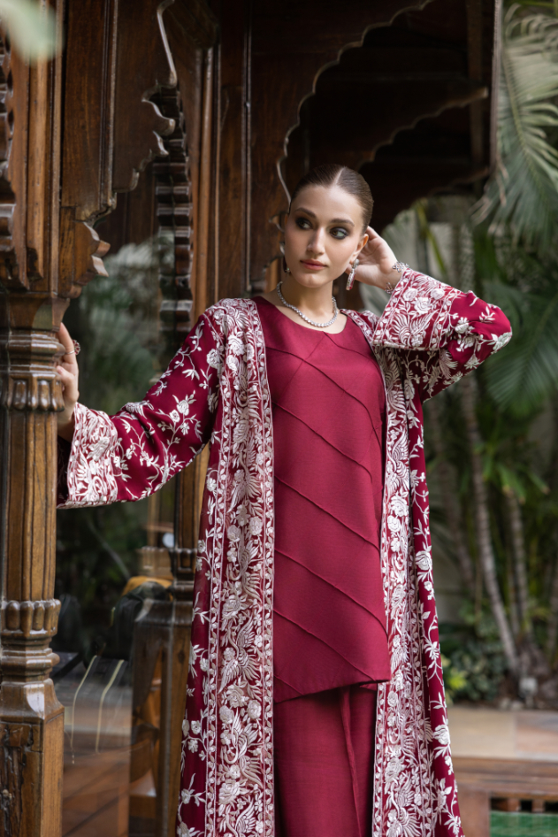 Burgundy Embroidered Chiffon & Silk Cape Set (3-Piece) - Image 3