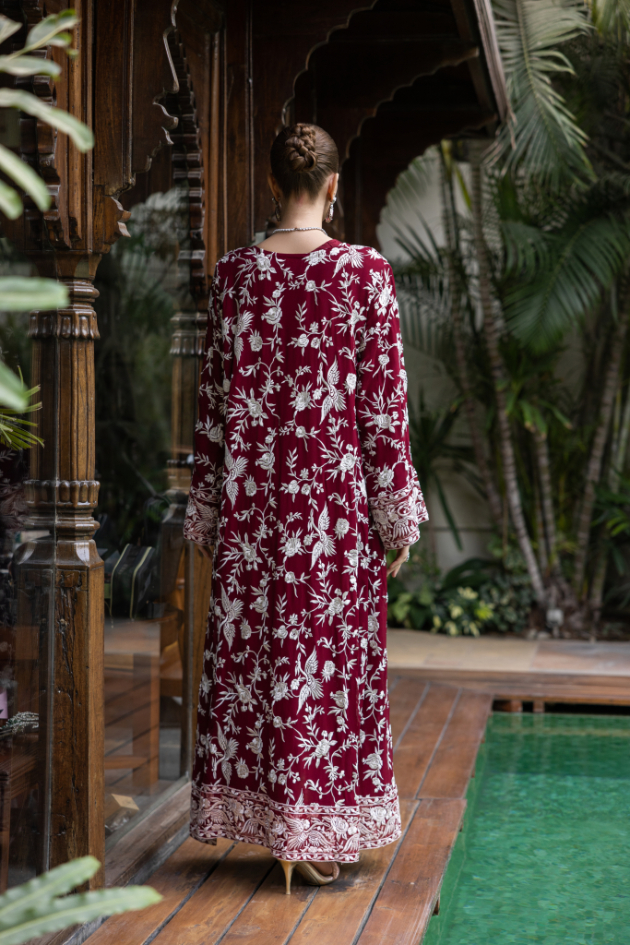 Burgundy Embroidered Chiffon & Silk Cape Set (3-Piece) - Image 4