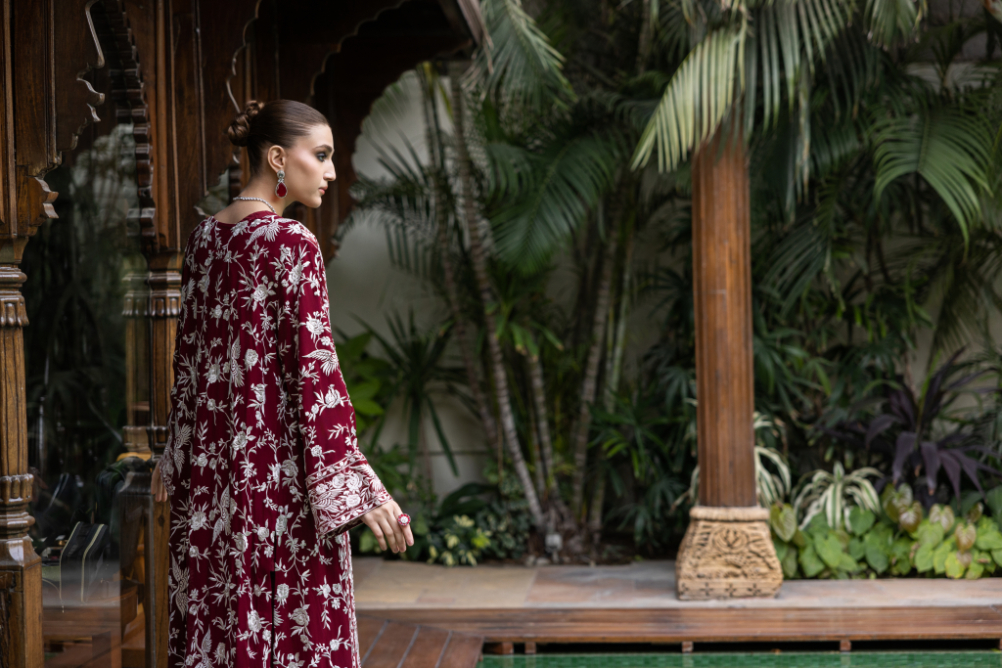 Burgundy Embroidered Chiffon & Silk Cape Set (3-Piece) - Image 5