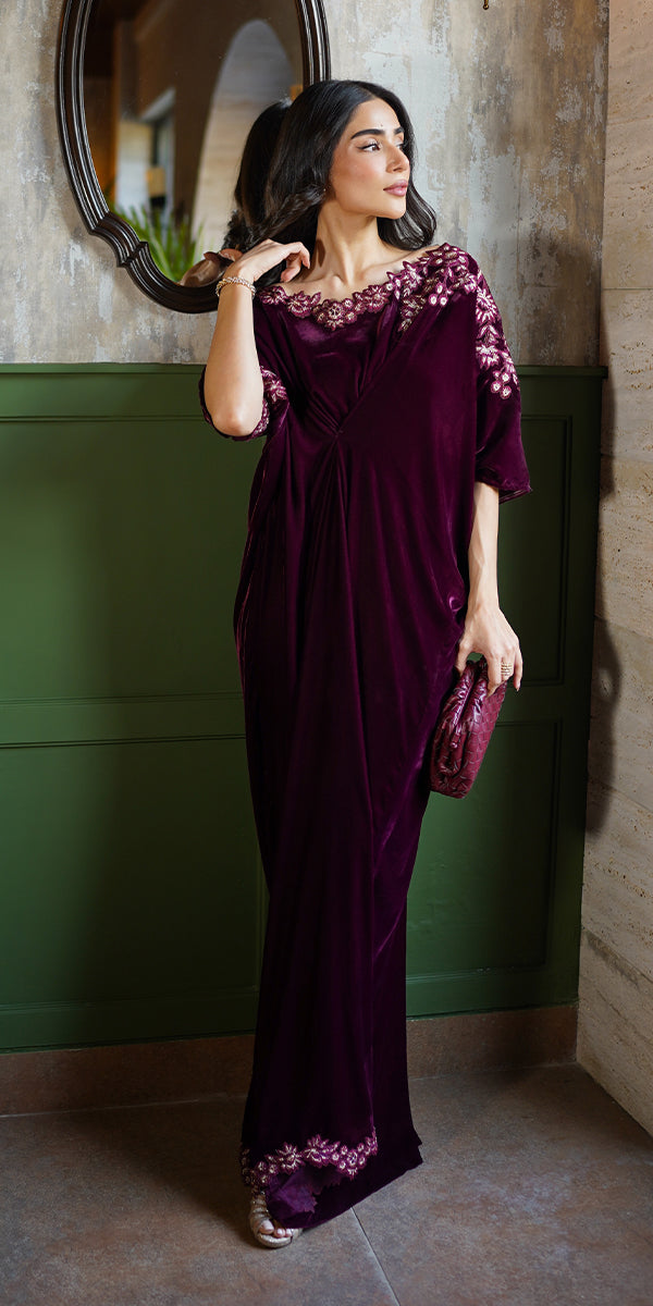 Deep Wine Embroidered Velvet Kaftan (1-Pc) - Image 2