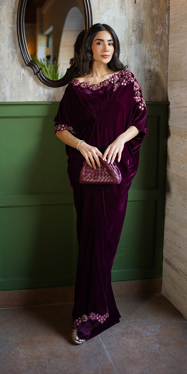 Deep Wine Embroidered Velvet Kaftan (1-Pc) - Image 5