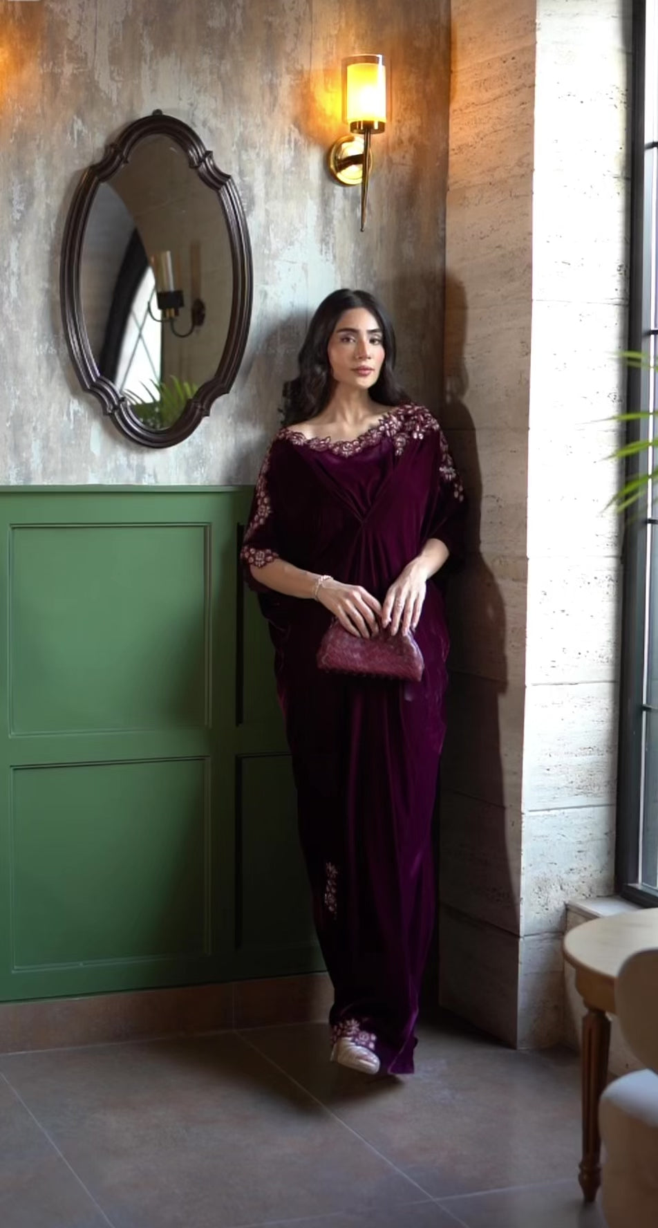 Deep Wine Embroidered Velvet Kaftan (1-Pc) - Image 7