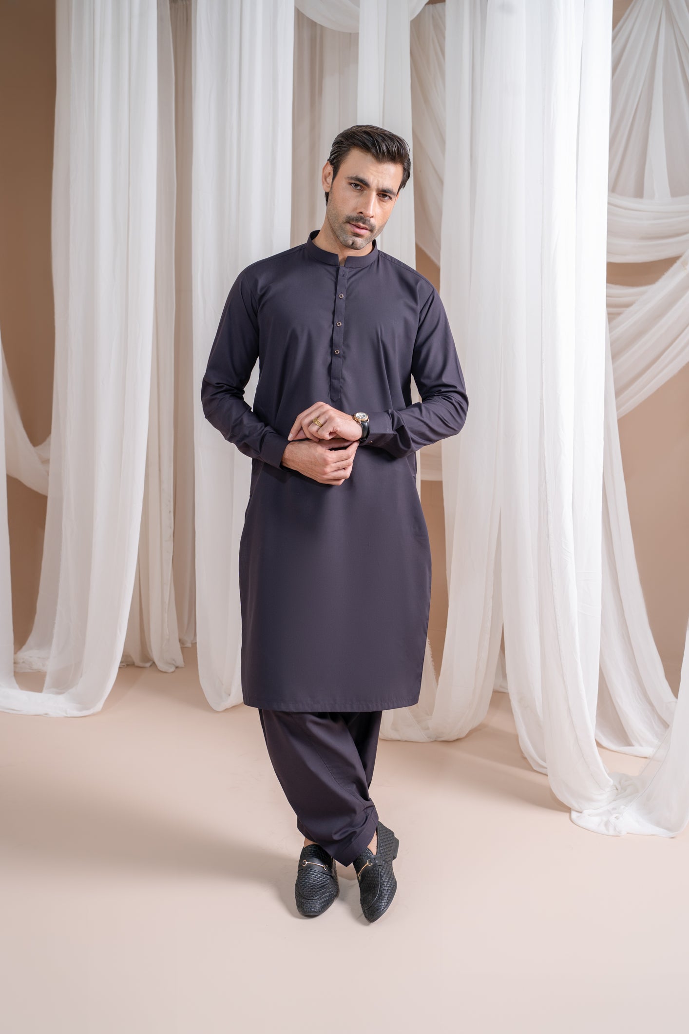 Deep Burgundy Luxury Blended Kurta Shalwar (2-Piece) - Image 1