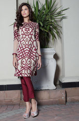 Pakistani Deep Burgundy Cutout Raw Silk & Net Kurta (2-Piece) - Image 2