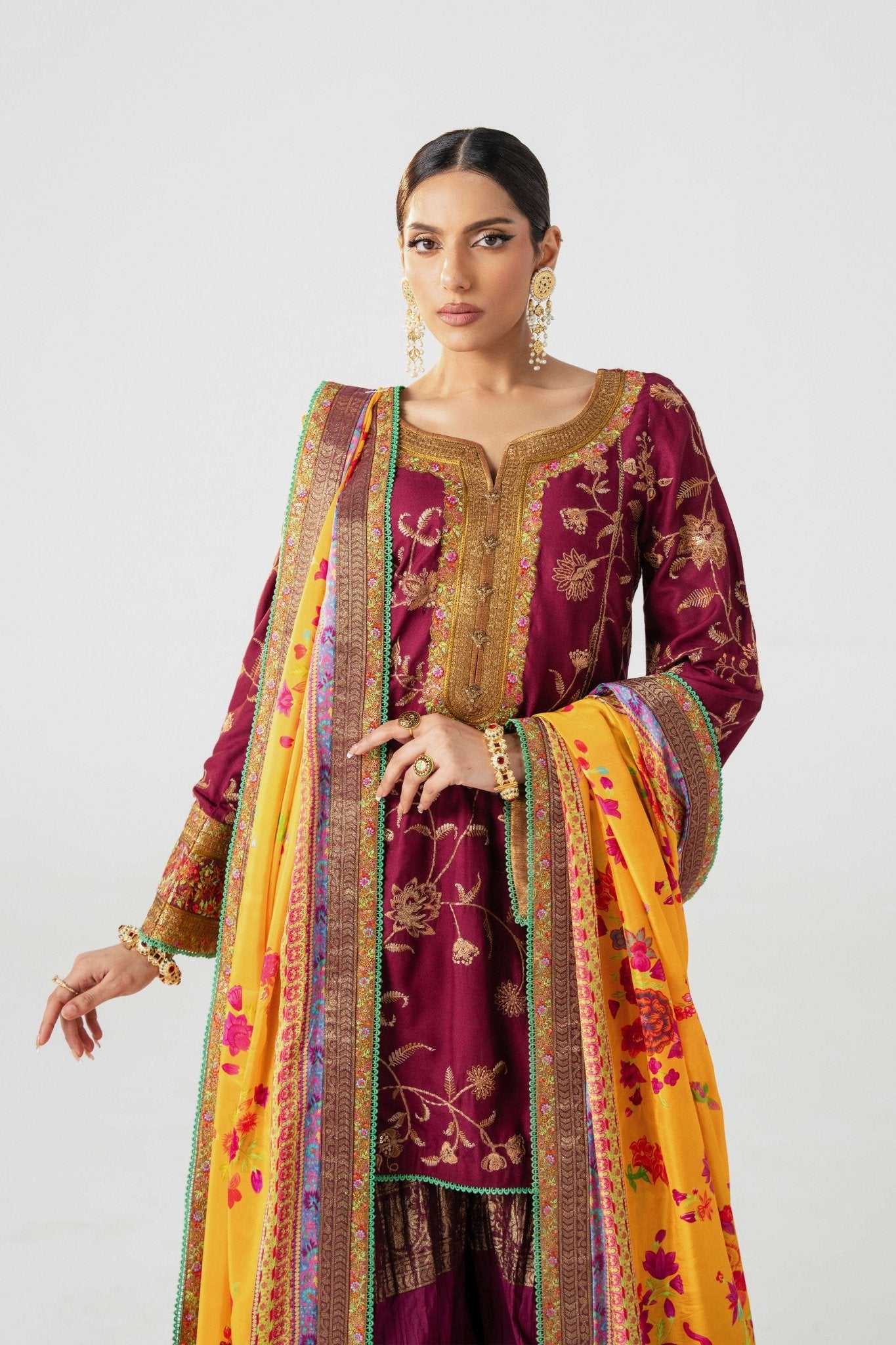 Pakistani Deep Burgundy Embroidered Lawn Sharara Set (3-Piece) - Image 3