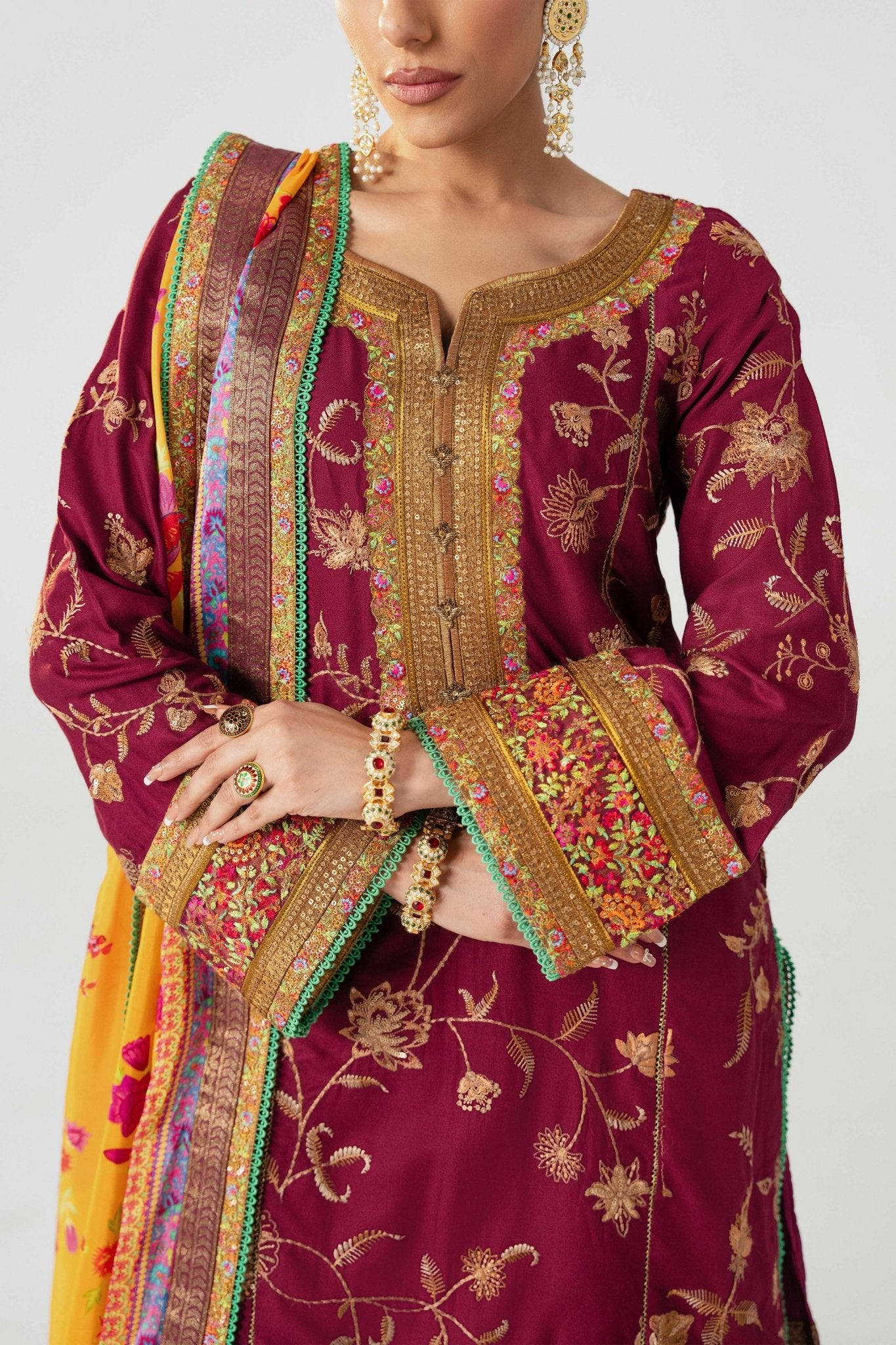 Pakistani Deep Burgundy Embroidered Lawn Sharara Set (3-Piece) - Image 4