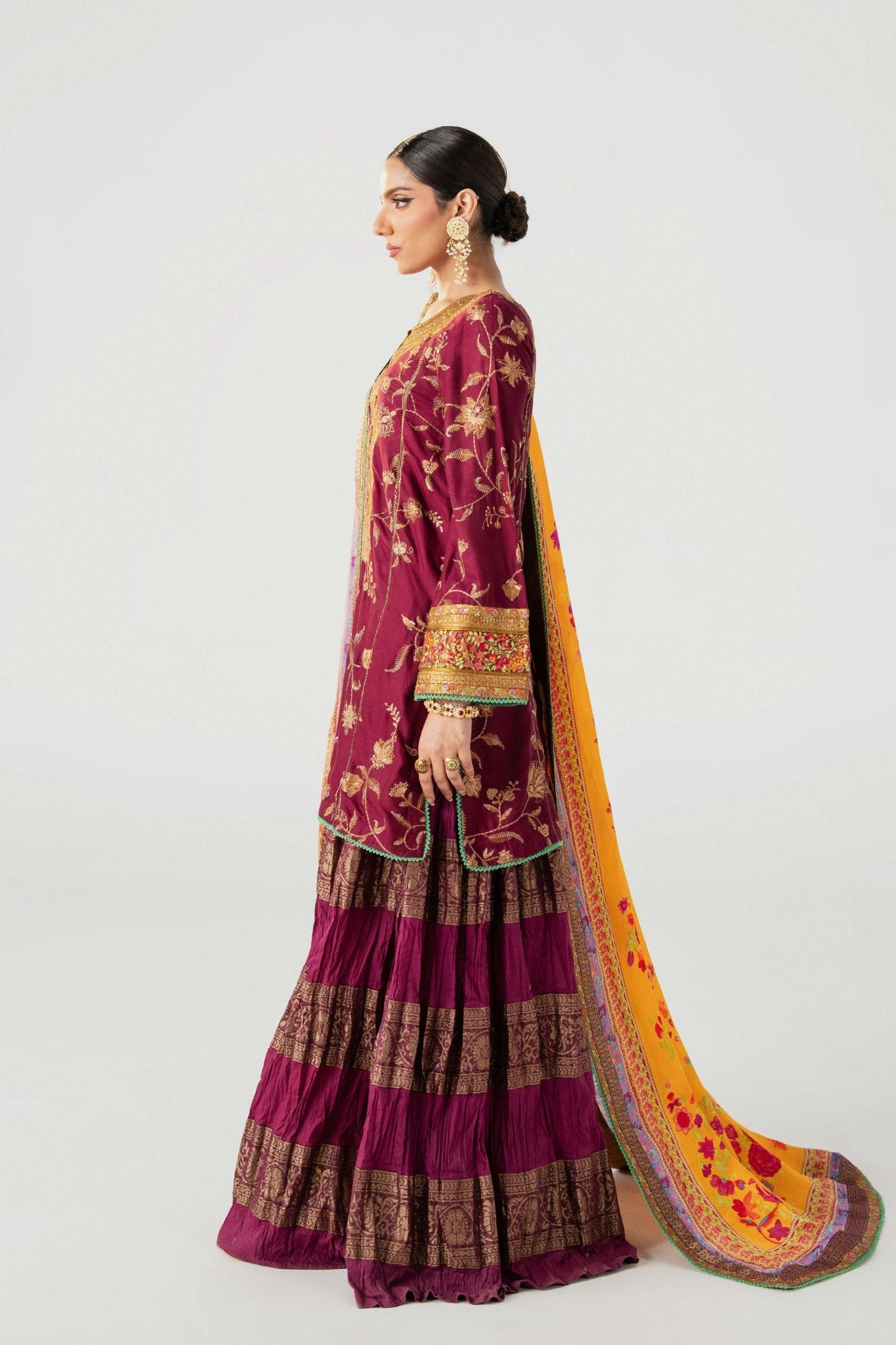 Pakistani Deep Burgundy Embroidered Lawn Sharara Set (3-Piece) - Image 5