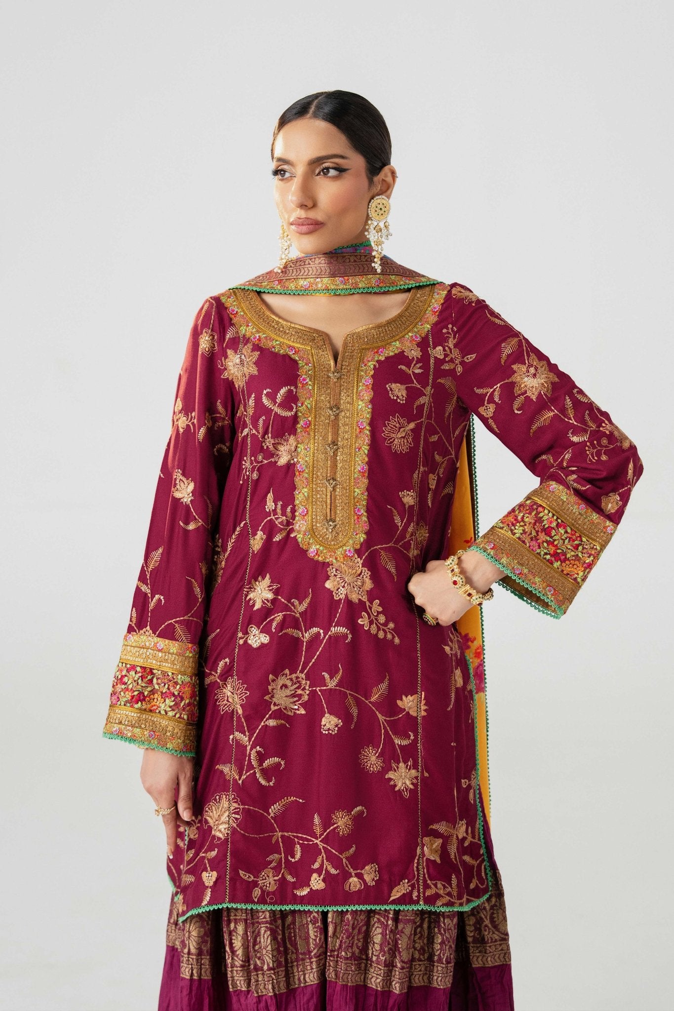Pakistani Deep Burgundy Embroidered Lawn Sharara Set (3-Piece) - Image 6
